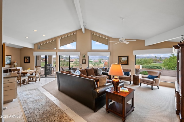 living room with beamed ceiling, high vaulted ceiling, light tile patterned flooring, and a ceiling fan