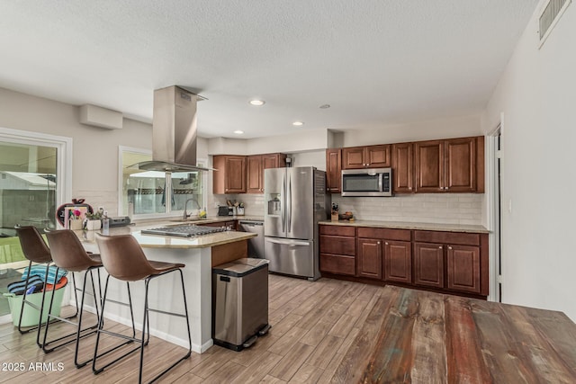 3741 W Poinsettia Dr, Phoenix, AZ 85029 - kitchen with stainless steel appliances, island exhaust hood, light wood finished floors, a peninsula, and a sink