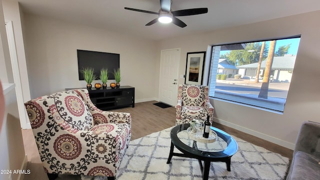 living area featuring ceiling fan and hardwood / wood-style flooring