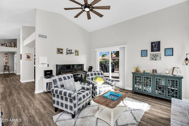 6145 E Snowdon St, Mesa, AZ 85215 - living room with high vaulted ceiling, a ceiling fan, baseboards, and wood finished floors