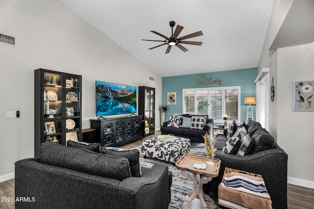 6145 E Snowdon St, Mesa, AZ 85215 - living area featuring ceiling fan, wood finished floors, baseboards, and high vaulted ceiling