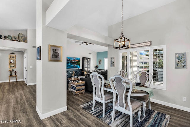 6145 E Snowdon St, Mesa, AZ 85215 - dining space featuring dark wood-type flooring, high vaulted ceiling, baseboards, a chandelier, and ceiling fan