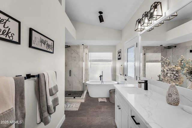 6145 E Snowdon St, Mesa, AZ 85215 - bathroom featuring vanity, a freestanding tub, and a stall shower