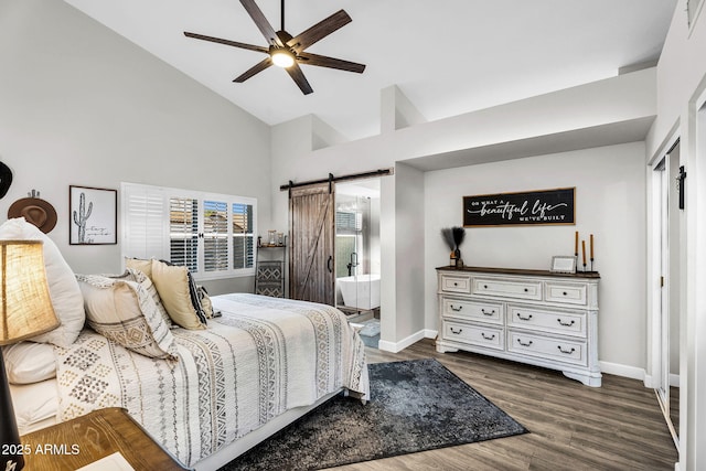 6145 E Snowdon St, Mesa, AZ 85215 - bedroom with high vaulted ceiling, a barn door, baseboards, dark wood finished floors, and ceiling fan