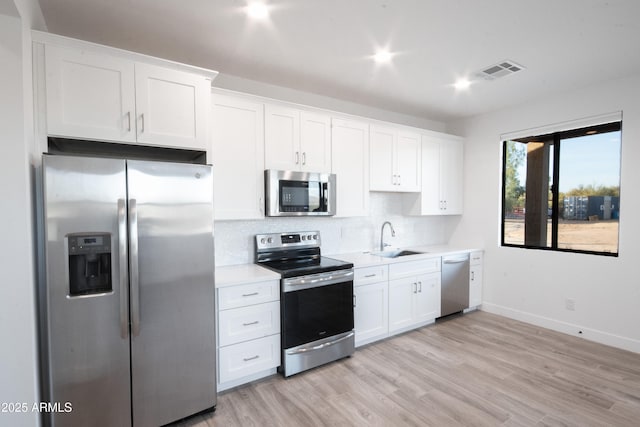 kitchen with sink, stainless steel appliances, backsplash, light hardwood / wood-style floors, and white cabinets