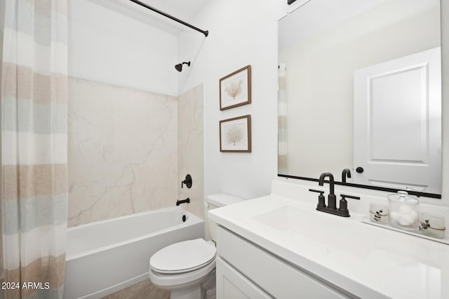 full bathroom with vanity, toilet, and shower / bathtub combination with curtain