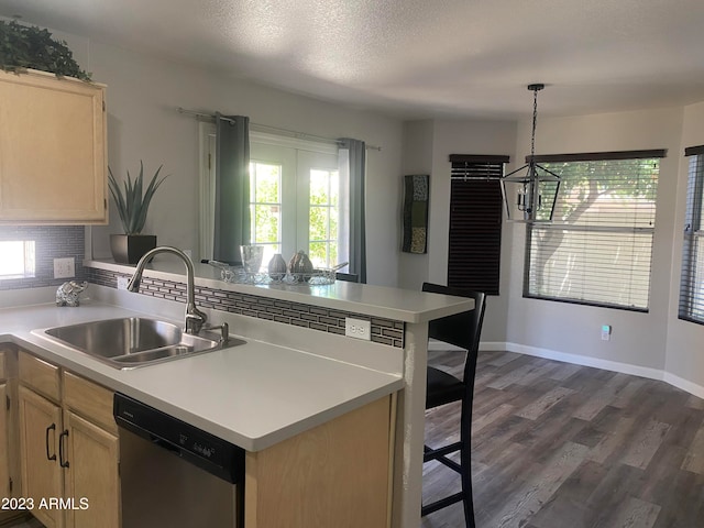 kitchen with stainless steel dishwasher, light brown cabinets, sink, and dark hardwood / wood-style flooring