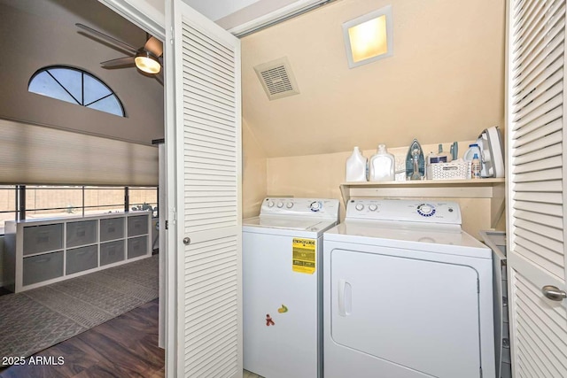 18807 N 42nd Ave, Glendale, AZ 85308 - laundry room featuring laundry area, a ceiling fan, washing machine and dryer, and visible vents