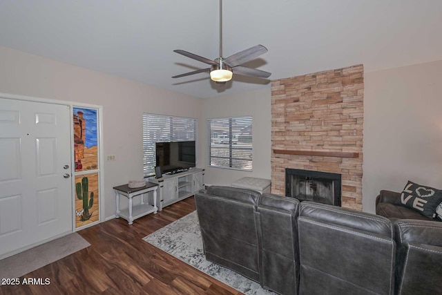 18807 N 42nd Ave, Glendale, AZ 85308 - living area with ceiling fan, dark wood finished floors, and a stone fireplace