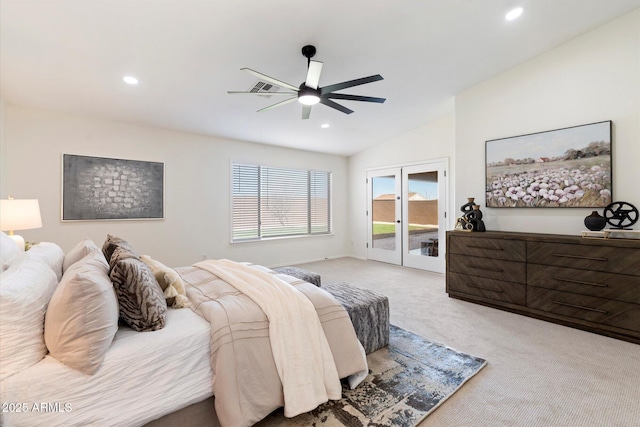 carpeted bedroom with lofted ceiling, access to outside, ceiling fan, and french doors