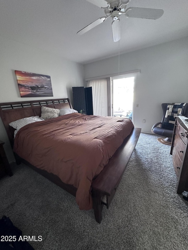 bedroom featuring ceiling fan, carpet floors, and access to outside