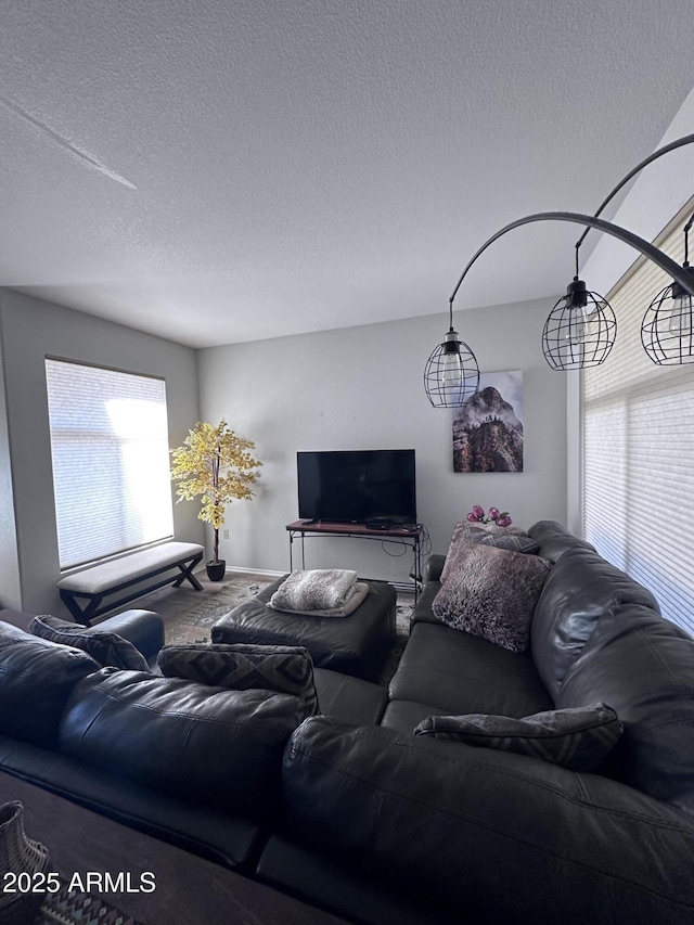 living room with a textured ceiling