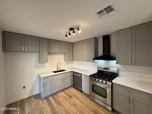 kitchen with a sink, stainless steel appliances, wall chimney range hood, and gray cabinets