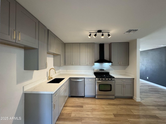 kitchen with light wood-style flooring, a sink, gray cabinets, wall chimney range hood, and appliances with stainless steel finishes