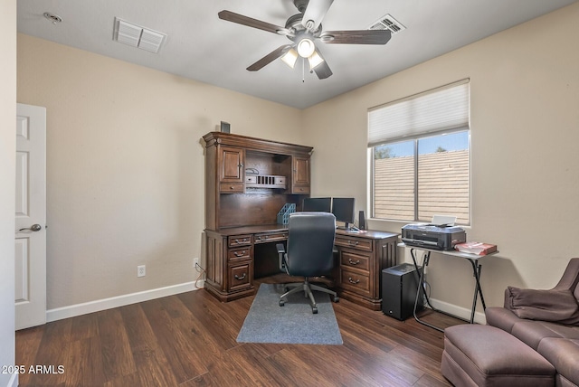 office space with a ceiling fan, dark wood-style floors, and visible vents