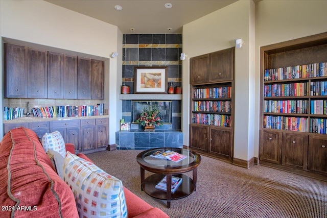 carpeted living room featuring built in features and sink