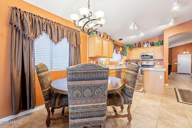 dining space featuring arched walkways, light tile patterned floors, an inviting chandelier, and lofted ceiling