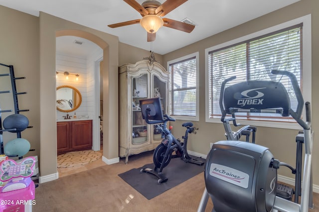 workout room featuring light colored carpet, sink, and ceiling fan