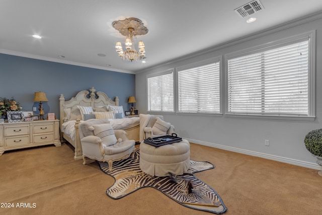 carpeted bedroom with ornamental molding and an inviting chandelier