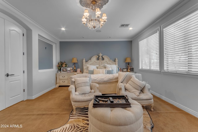 carpeted bedroom featuring crown molding and a chandelier