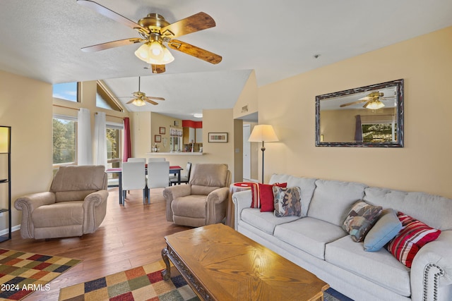 living room featuring wood-type flooring, lofted ceiling, and a textured ceiling