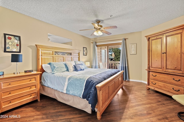 bedroom with dark hardwood / wood-style floors, ceiling fan, a textured ceiling, and access to outside