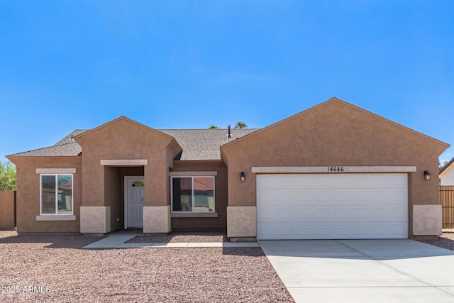 14646 S Brook Hollow Rd, Arizona City, AZ 85123 - view of front of home featuring an attached garage, stucco siding, driveway, and fence