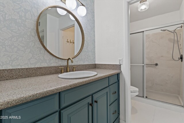 18206 N 45th Ave, Glendale, AZ 85308 - bathroom featuring wallpapered walls, toilet, a shower stall, vanity, and tile patterned floors