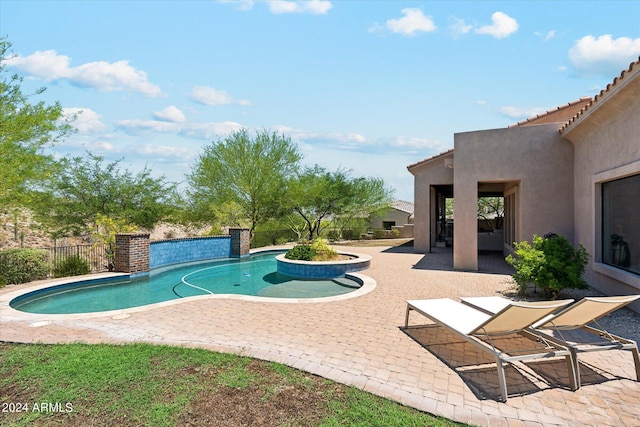 view of pool with a fenced backyard, a fenced in pool, and a patio