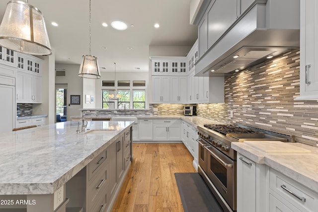 kitchen featuring premium appliances, a sink, white cabinets, range hood, and decorative backsplash