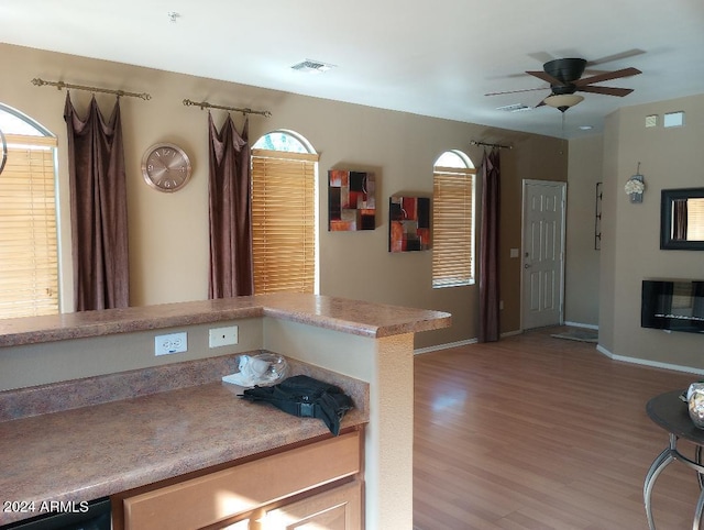 kitchen featuring ceiling fan and light hardwood / wood-style flooring