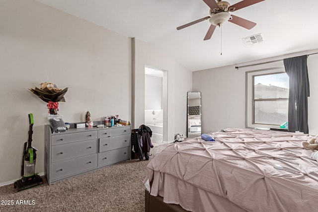 bedroom with carpet floors, ceiling fan, and vaulted ceiling