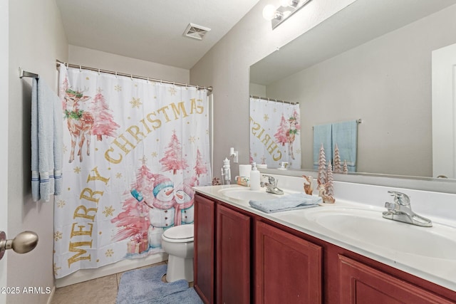 full bathroom with toilet, tile patterned flooring, shower / bath combo, and vanity