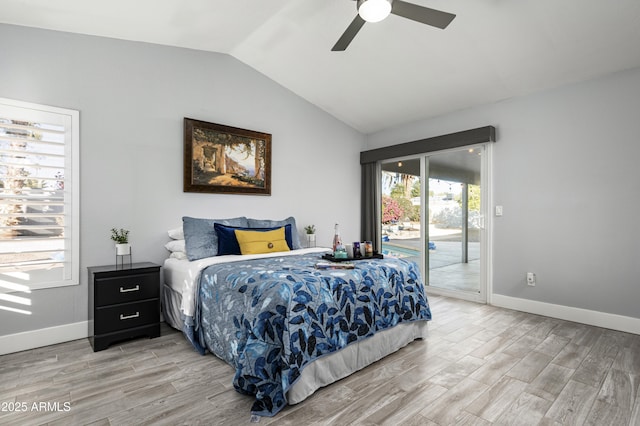 6102 E Nisbet Rd, Scottsdale, AZ 85254 - bedroom with vaulted ceiling, light wood-type flooring, access to outside, and ceiling fan