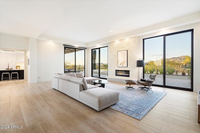 living room featuring a stone fireplace, a mountain view, and light hardwood / wood-style floors