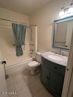 bathroom with toilet, shower / bathtub combination with curtain, vanity, and tile patterned floors