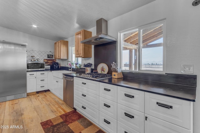 kitchen with sink, white cabinetry, light hardwood / wood-style floors, wall chimney range hood, and appliances with stainless steel finishes