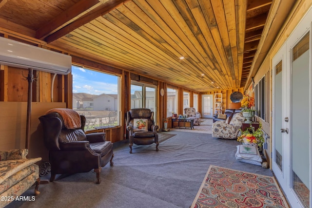 sunroom / solarium with a wall mounted air conditioner, wood ceiling, and beam ceiling