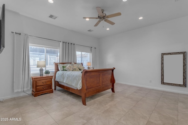 bedroom featuring ceiling fan and light tile patterned floors