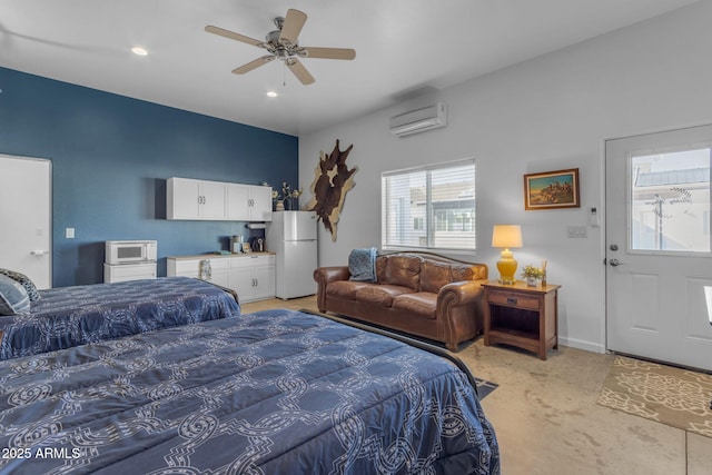 bedroom featuring ceiling fan, white fridge, and a wall mounted air conditioner