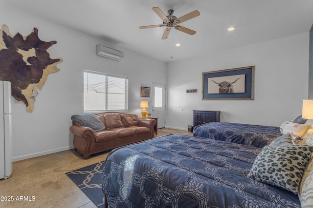 bedroom with white refrigerator, a wall mounted AC, and ceiling fan