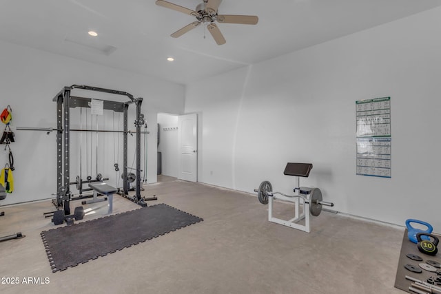 workout area featuring ceiling fan