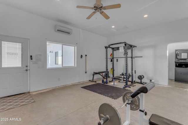 workout area with a wall unit AC and ceiling fan