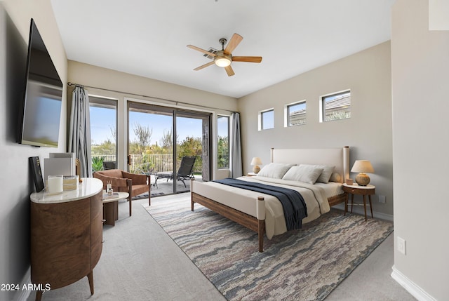 bedroom featuring ceiling fan and light colored carpet