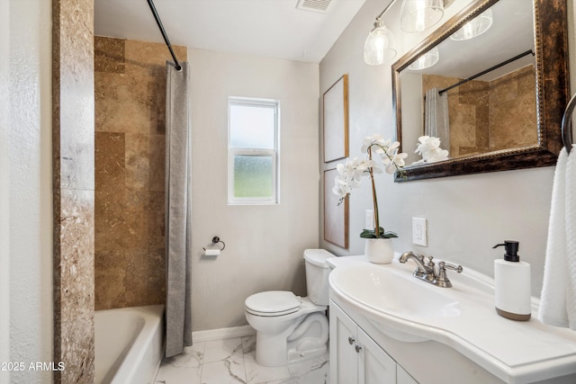 bathroom with marble finish floor, visible vents, toilet, vanity, and baseboards