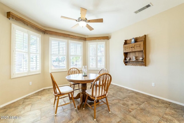 dining space with ceiling fan, visible vents, and baseboards