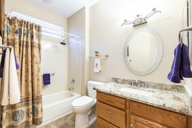 full bathroom with shower / tub combination, vanity, and toilet