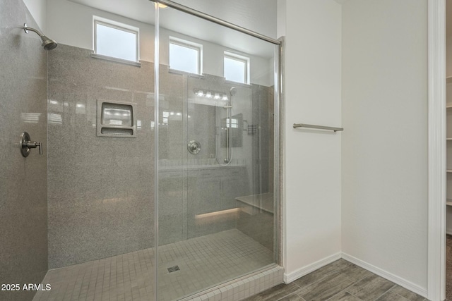4090 E Bethena St, Gilbert, AZ 85295 - bathroom featuring wood finished floors, baseboards, and a shower stall