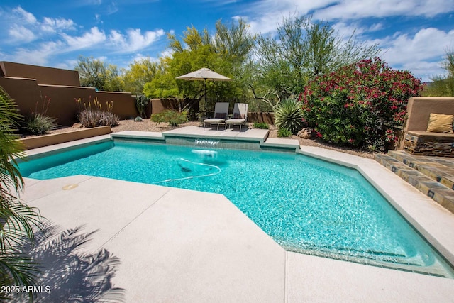 view of pool with a fenced in pool, a fenced backyard, and a patio area