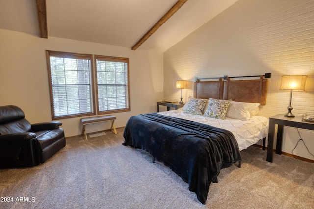 bedroom with vaulted ceiling with beams, baseboards, and carpet floors